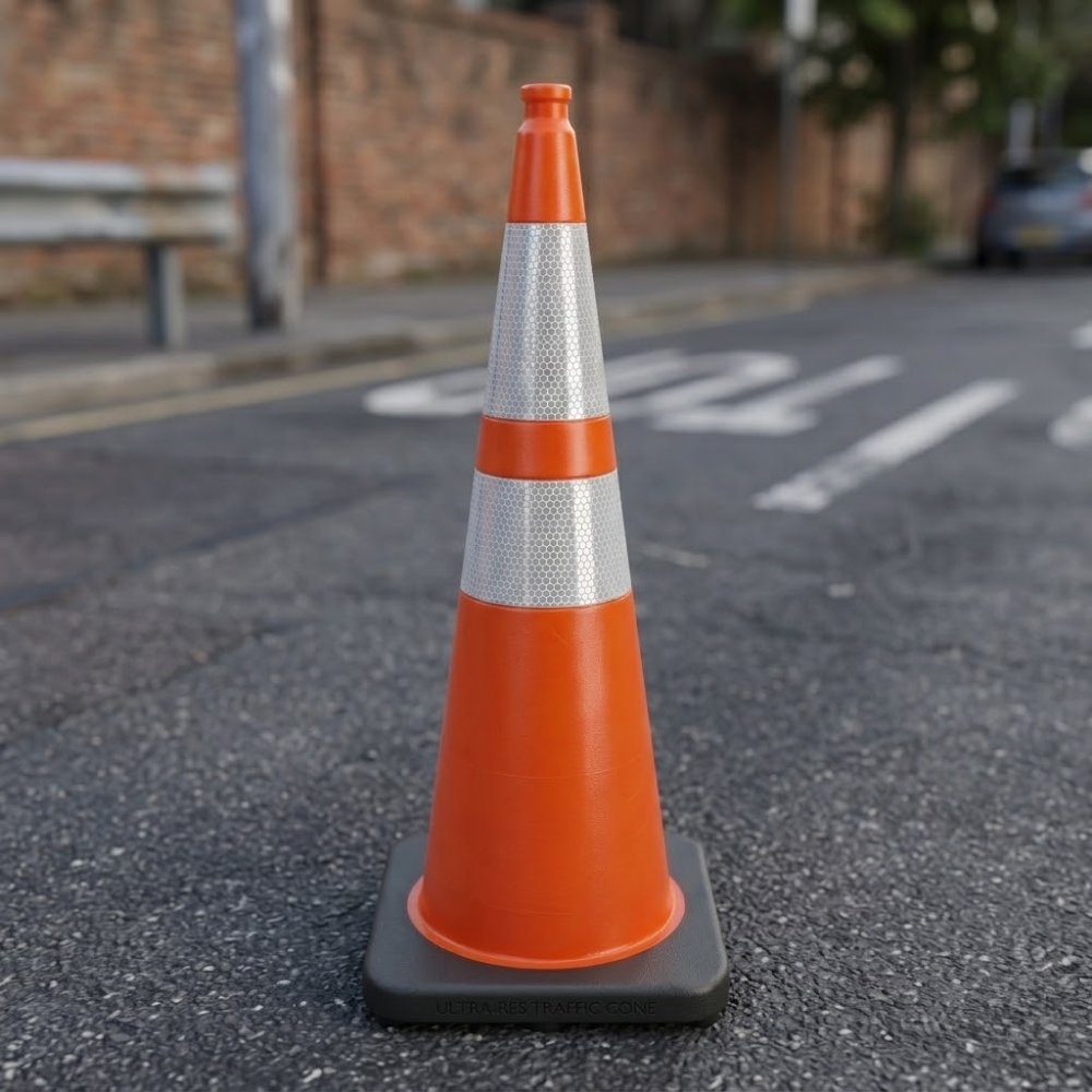 Orange traffic cone on a road with a blurred background