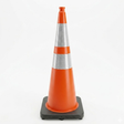 Orange traffic cone with reflective silver band on a white background