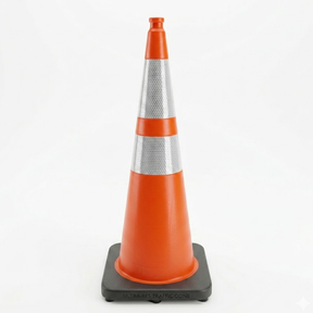 Orange traffic cone with reflective silver band on a white background