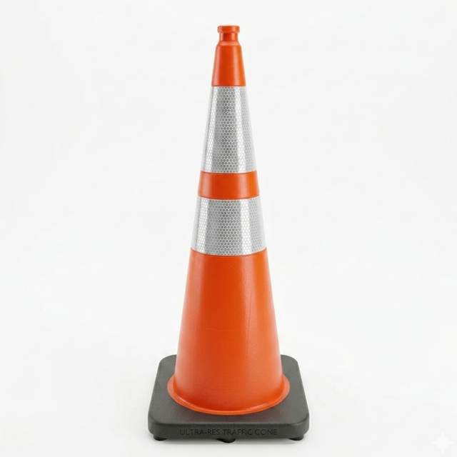 Orange traffic cone with reflective silver band on a white background