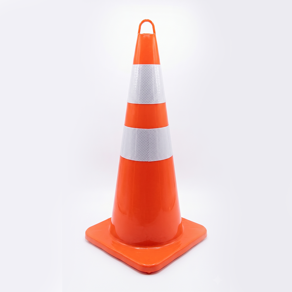 Orange traffic cone with white stripes on a white background