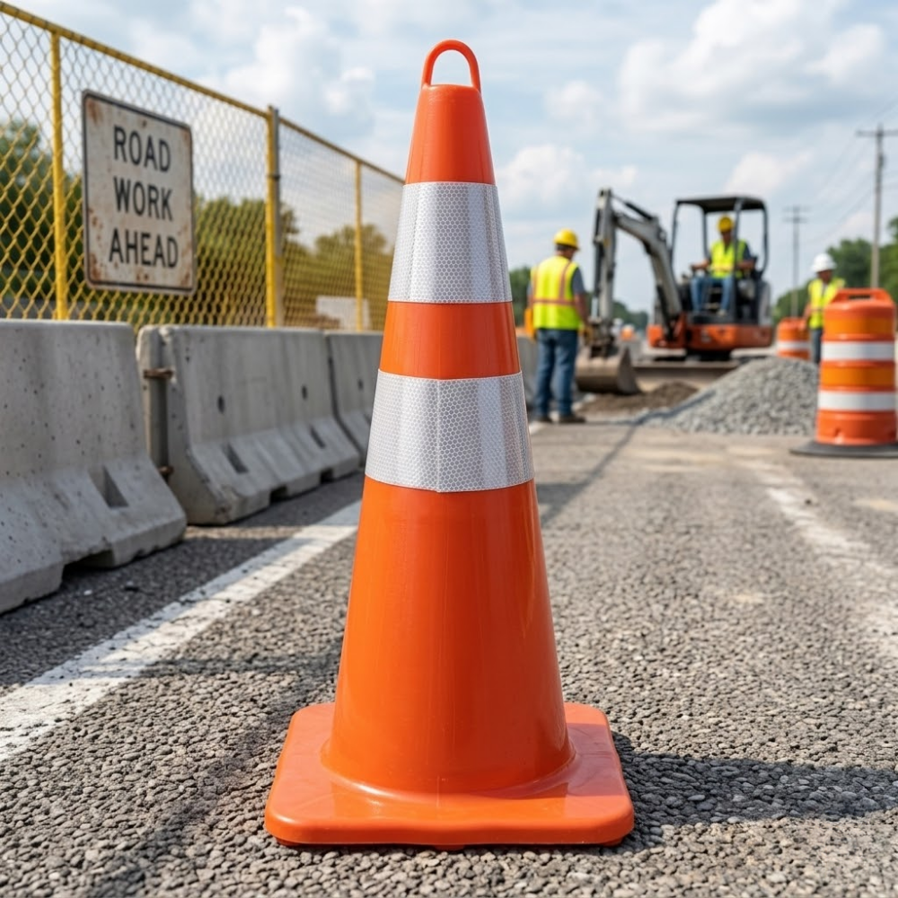 Orange traffic cone on a road with construction workers and machinery in the background.