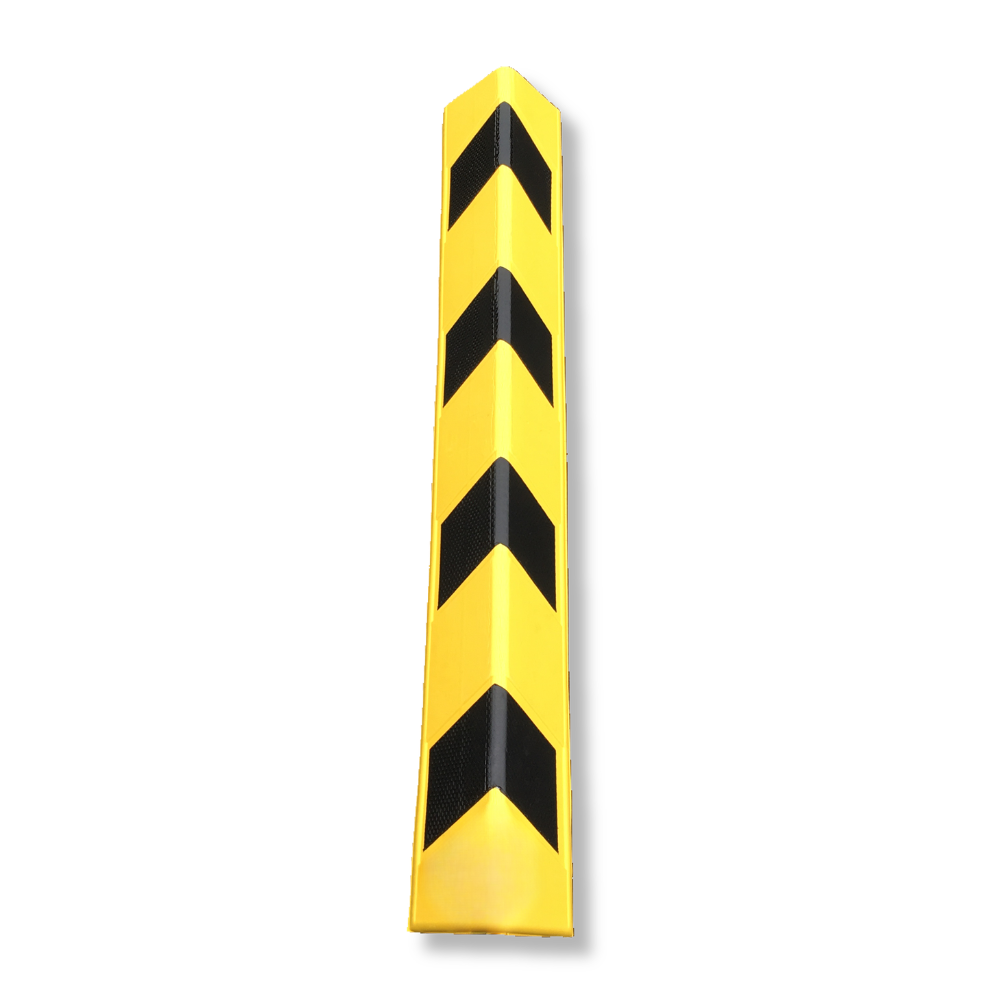 A yellow safety bollard with four black chevron stripes, shown vertically on a plain white background.
