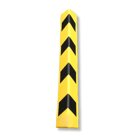 A yellow safety bollard with four black chevron stripes, shown vertically on a plain white background.