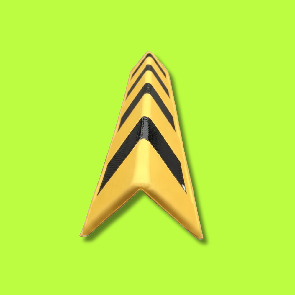 A yellow V-shaped traffic safety barrier with bold black chevron stripes, shown on a solid lime green background.