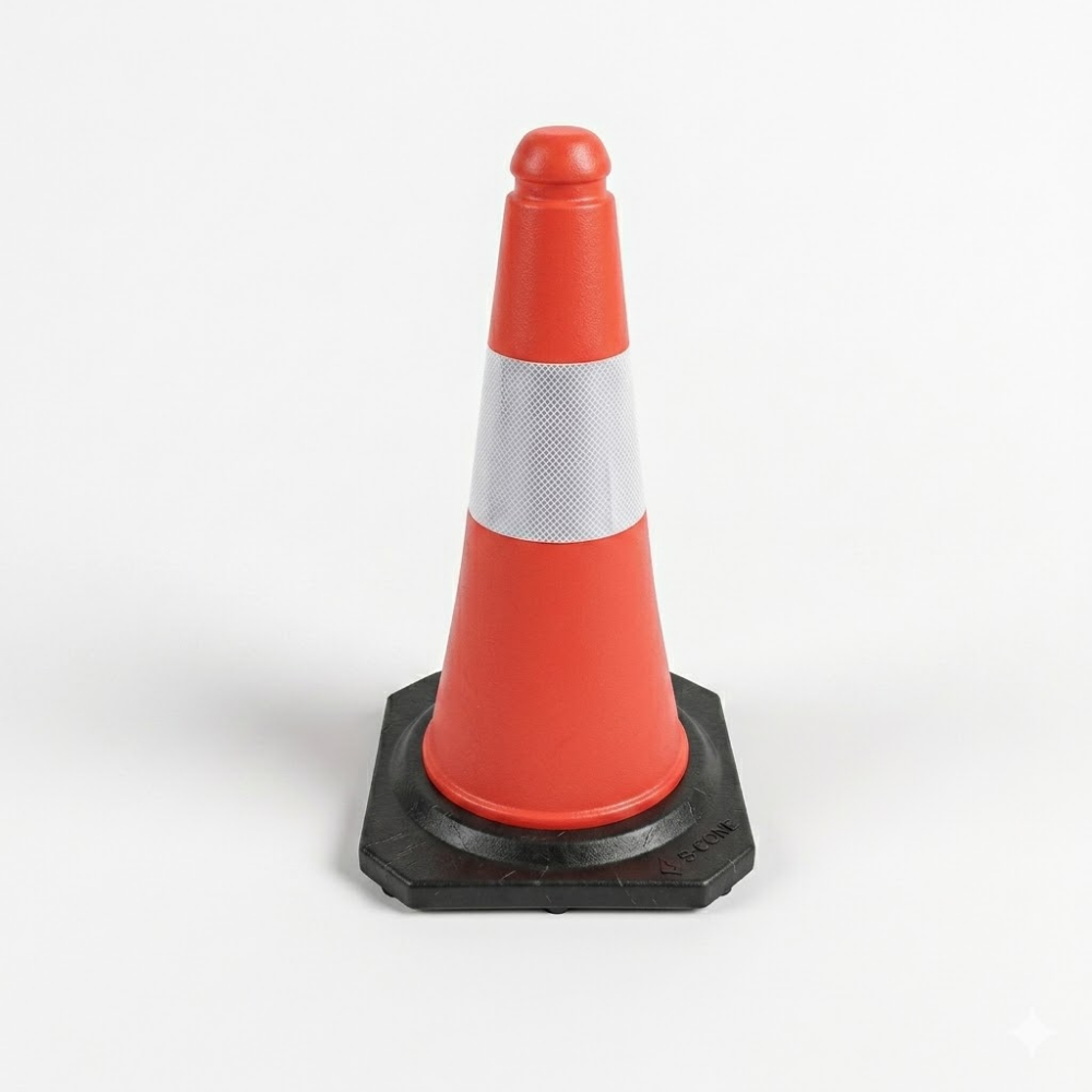 Orange traffic cone with a white stripe on a white background
