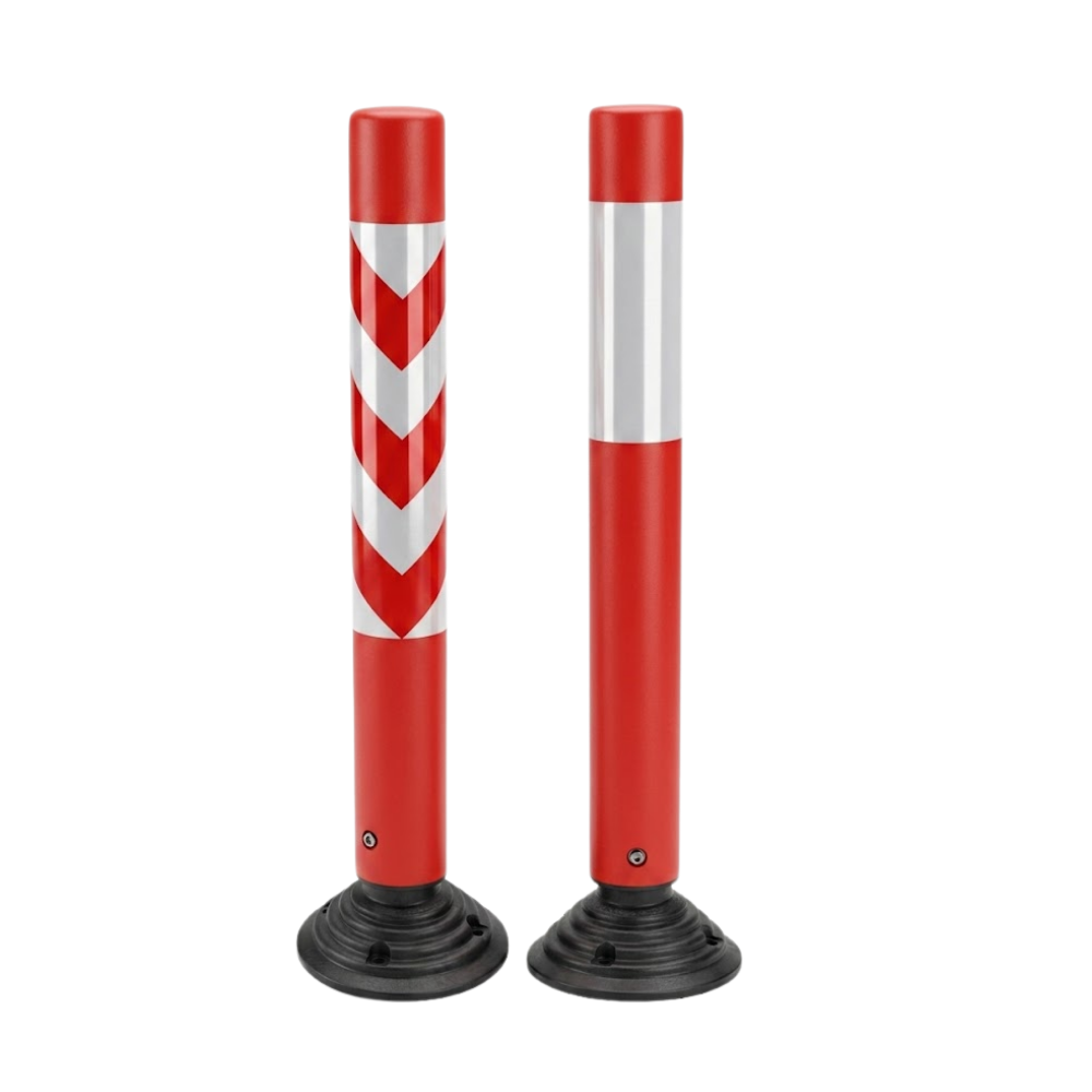 Two red and silver traffic bollards on a white background