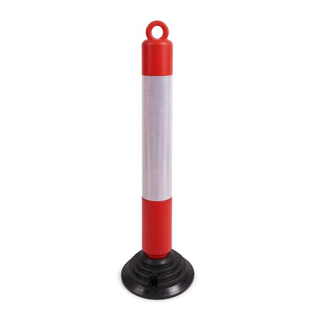 Red and white traffic safety bollard on a white background