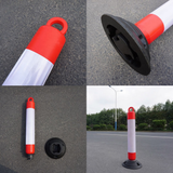 Collage of a red and white traffic barrier with close-up details on a road.