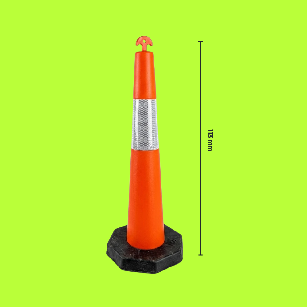 Orange traffic cone with measurement details on a green background