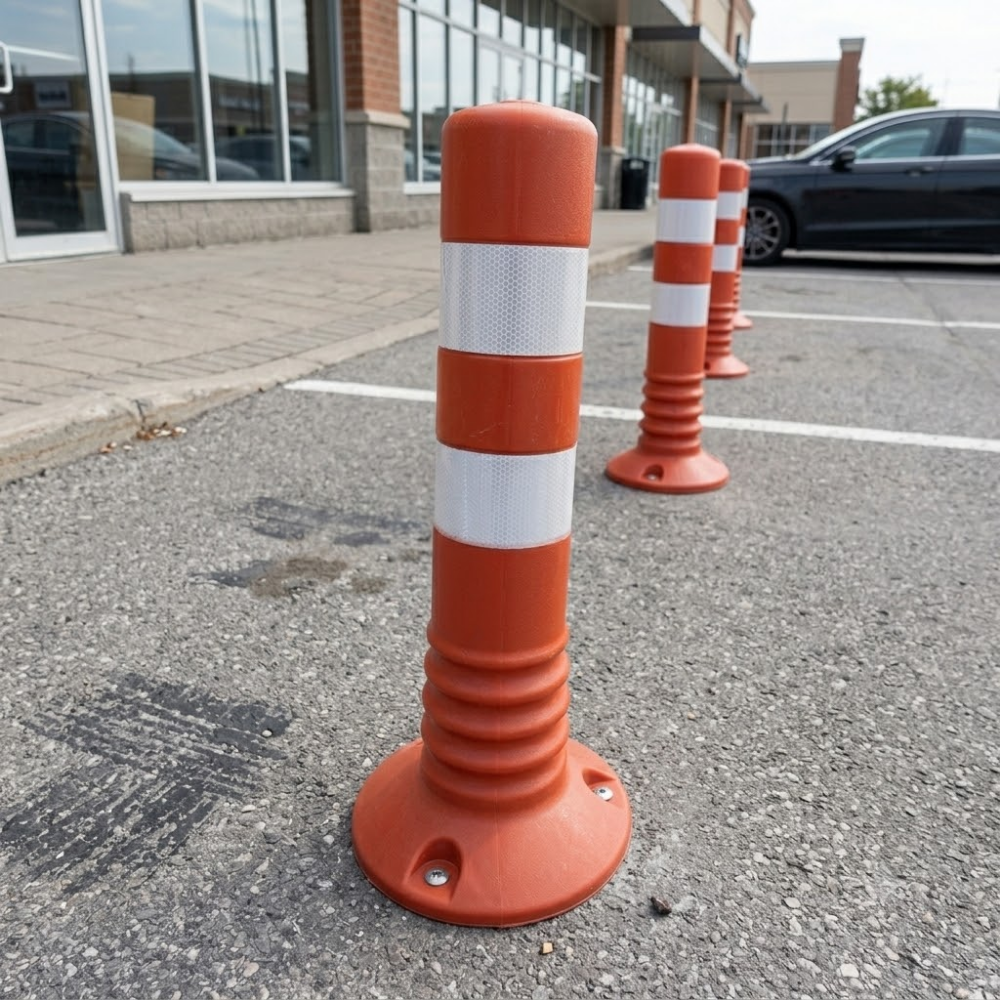 Row of orange traffic barriers with white stripes on a parking lot.