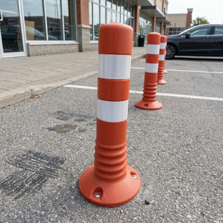 Row of orange traffic barriers with white stripes on a parking lot.