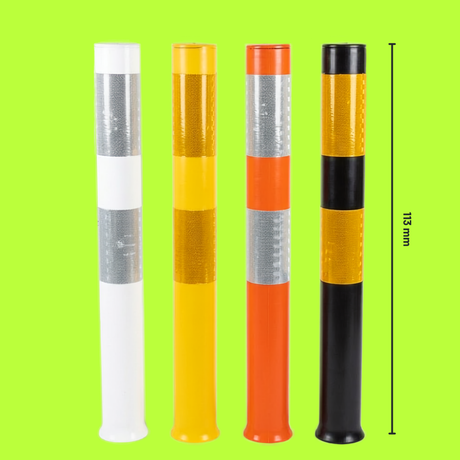 Base Guard Reflective Parking Bollard with height dimension on green background