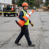 Man carrying Base Guard Reflective Traffic Cone with High Strength Film on a parking lot