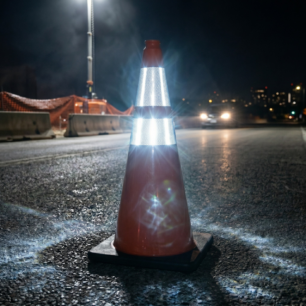 Base Guard Reflective Traffic Cone with High Strength Film on a parking lot during night time