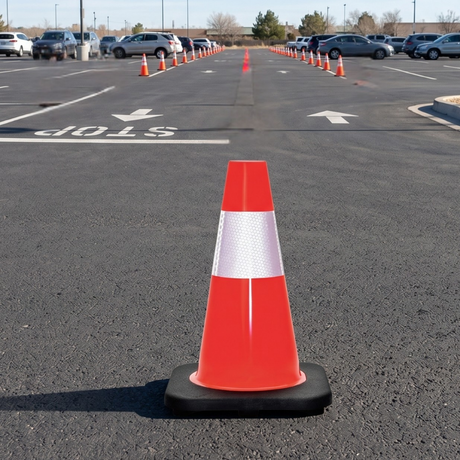 Base Guard Reflective Traffic Cone with Rubber Base position in the parking lot