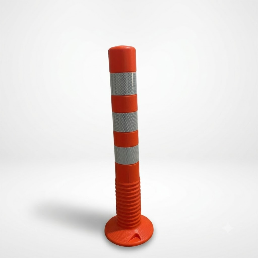 Orange traffic bollard with reflective stripes on a white background