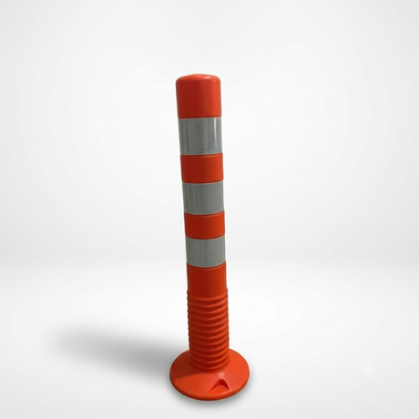 Orange traffic bollard with reflective stripes on a white background