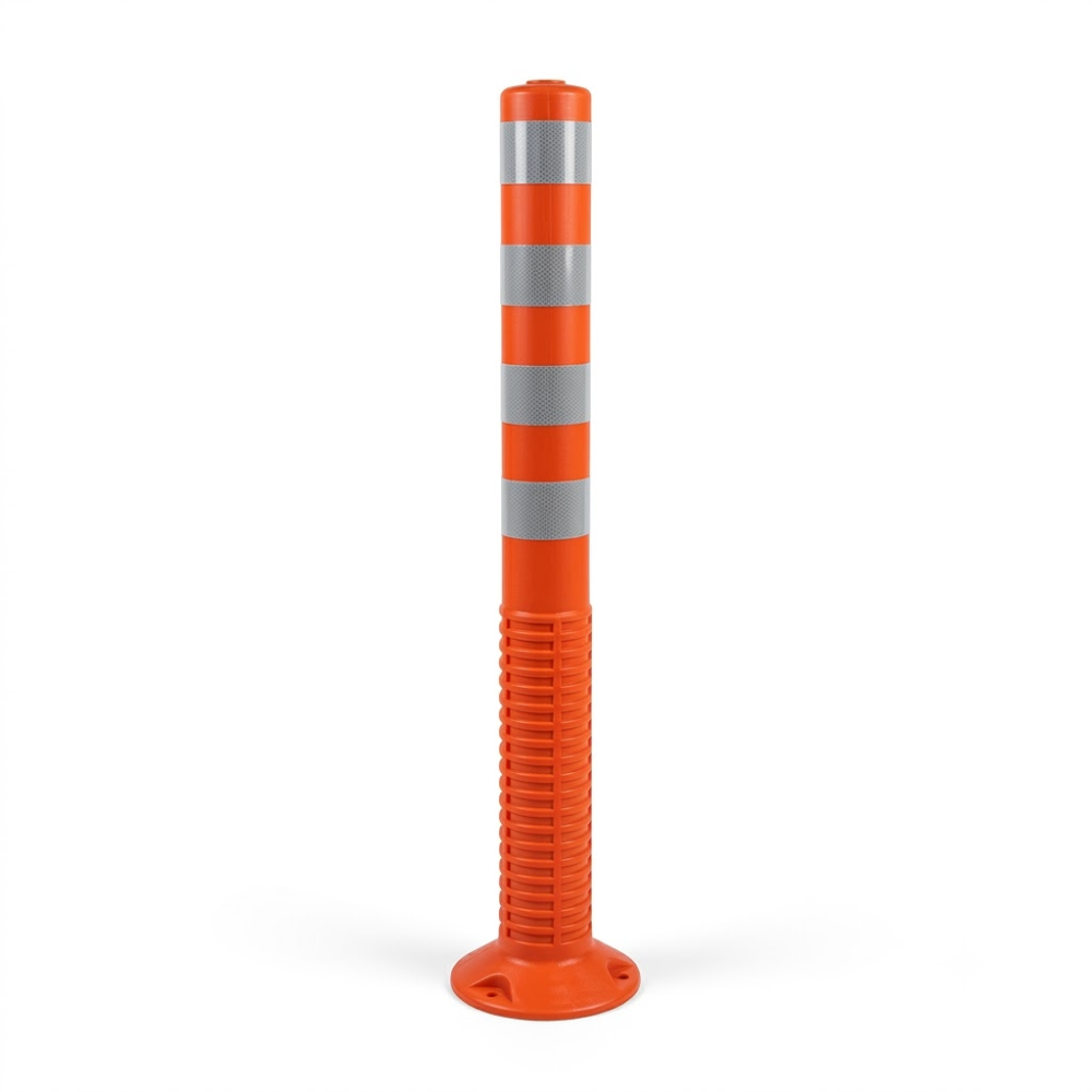 Orange traffic bollard with reflective silver bands on a white background