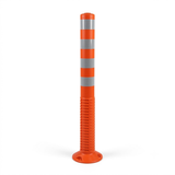 Orange traffic bollard with reflective silver bands on a white background