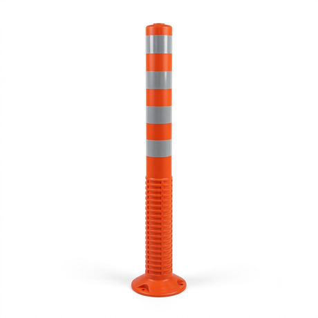 Orange traffic bollard with reflective silver bands on a white background