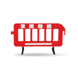 Red plastic barrier with white stripes on a white background
