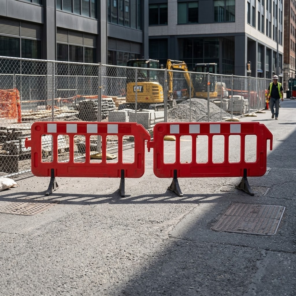 Red barriers blocking a street with construction equipment and materials in the background.