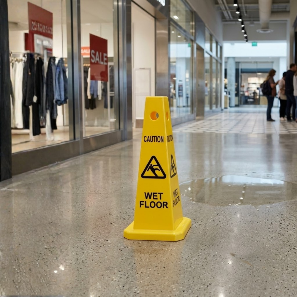 Base Guard Wet Floor Caution Cone position in the mall hallway