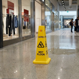 Base Guard Wet Floor Caution Cone position in the mall hallway