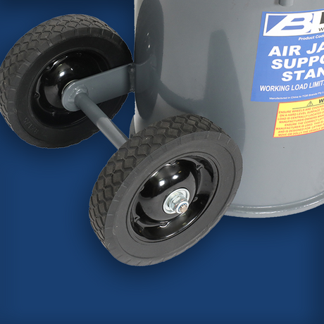 Borum Air Jack/Support Stand 10T Capacity - close-up of solid rubber wheels and axle