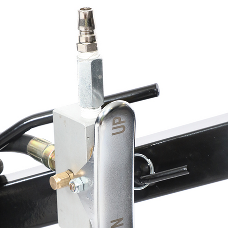 Borum Air Jack/Support Stand 10T Capacity - close-up of air control valve and fitting