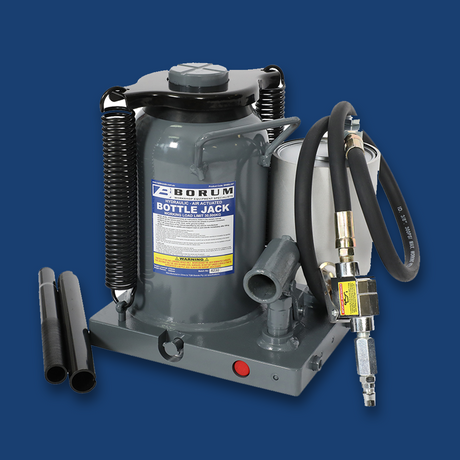 Borum Hydraulic Bottle Jack 30T Capacity - bottle jack with handle pipes on blue background