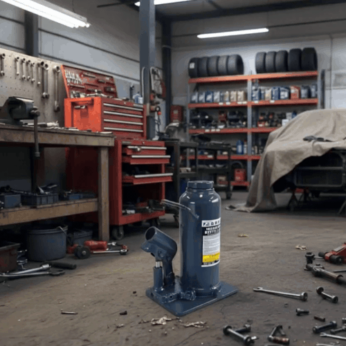 Bottle jack in a workshop with tools and equipment around