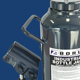 Bottle jack with handle and label on a blue background