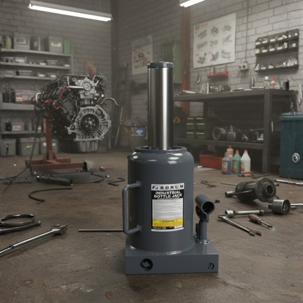Bottle jack in a workshop setting with tools and equipment around