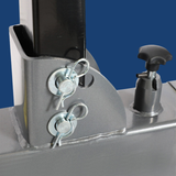 Close-up of a metal bracket with screws on a blue background