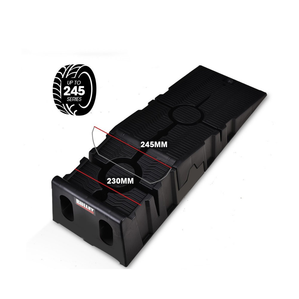 Black tire ramp with measurements and branding on a white background