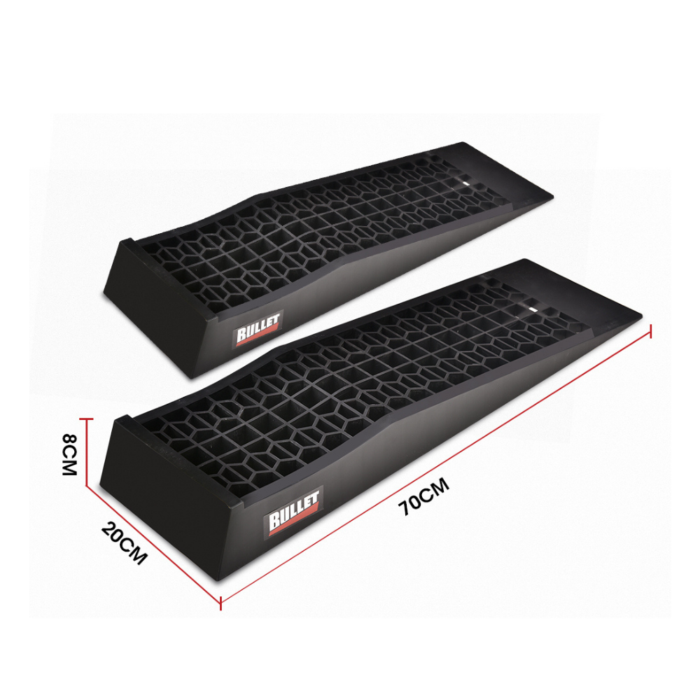 Two black car ramps with 'Bullet' branding and measurements on a white background