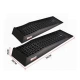 Two black car ramps with 'Bullet' branding and measurements on a white background