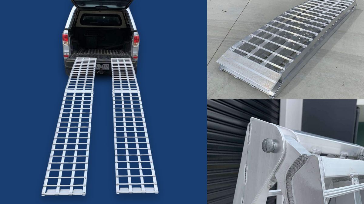 heavy-duty aluminium loading ramps in use, showing a pair of ramps extending from the back of a pickup truck, a close-up of the ramp's sturdy construction, and a folded ramp for easy storage