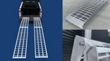 heavy-duty aluminium loading ramps in use, showing a pair of ramps extending from the back of a pickup truck, a close-up of the ramp's sturdy construction, and a folded ramp for easy storage