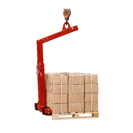 Red crane lifting a pallet of cardboard boxes on a white background