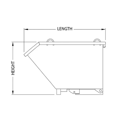 A technical drawing of the waste tipping bin with labelled dimensions for height and length, providing detailed specifications.