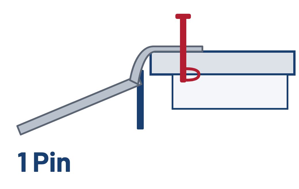 Pin (supplied): drops through the ramp lip and the hole in your tray, then locks with an R clip.