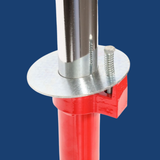 Close-up of a red metal rod with a silver cylindrical component and screw on a blue background