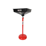 Black oil drain pan with red stand on a white background