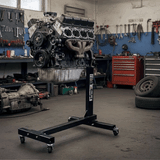 In action eQuipt 450kg Engine Stand With Rotating Head in an automotive shop