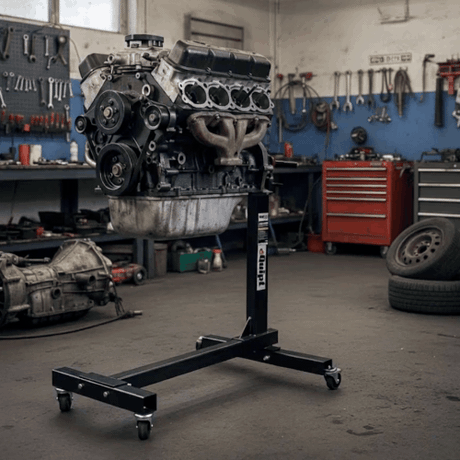 In action eQuipt 450kg Engine Stand With Rotating Head in an automotive shop
