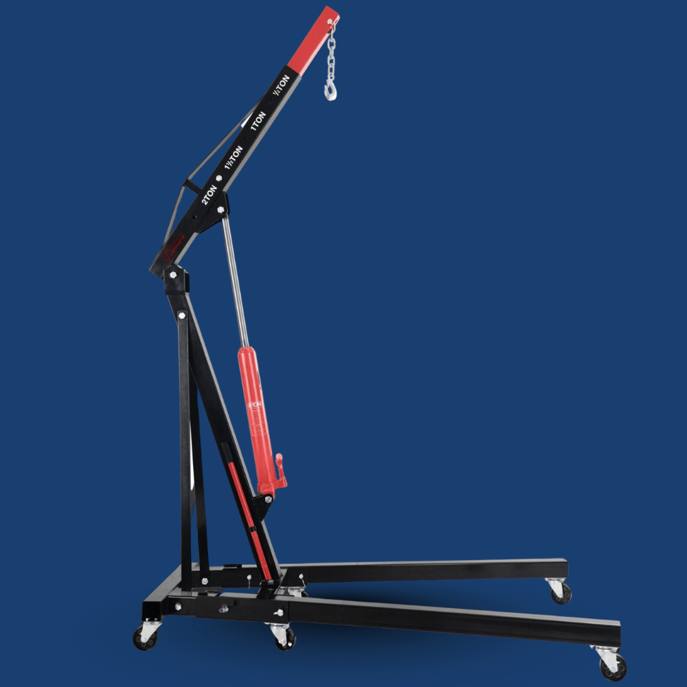 Black and red crane lift on a blue background