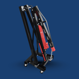 Mechanical lifting device with red accents on a blue background